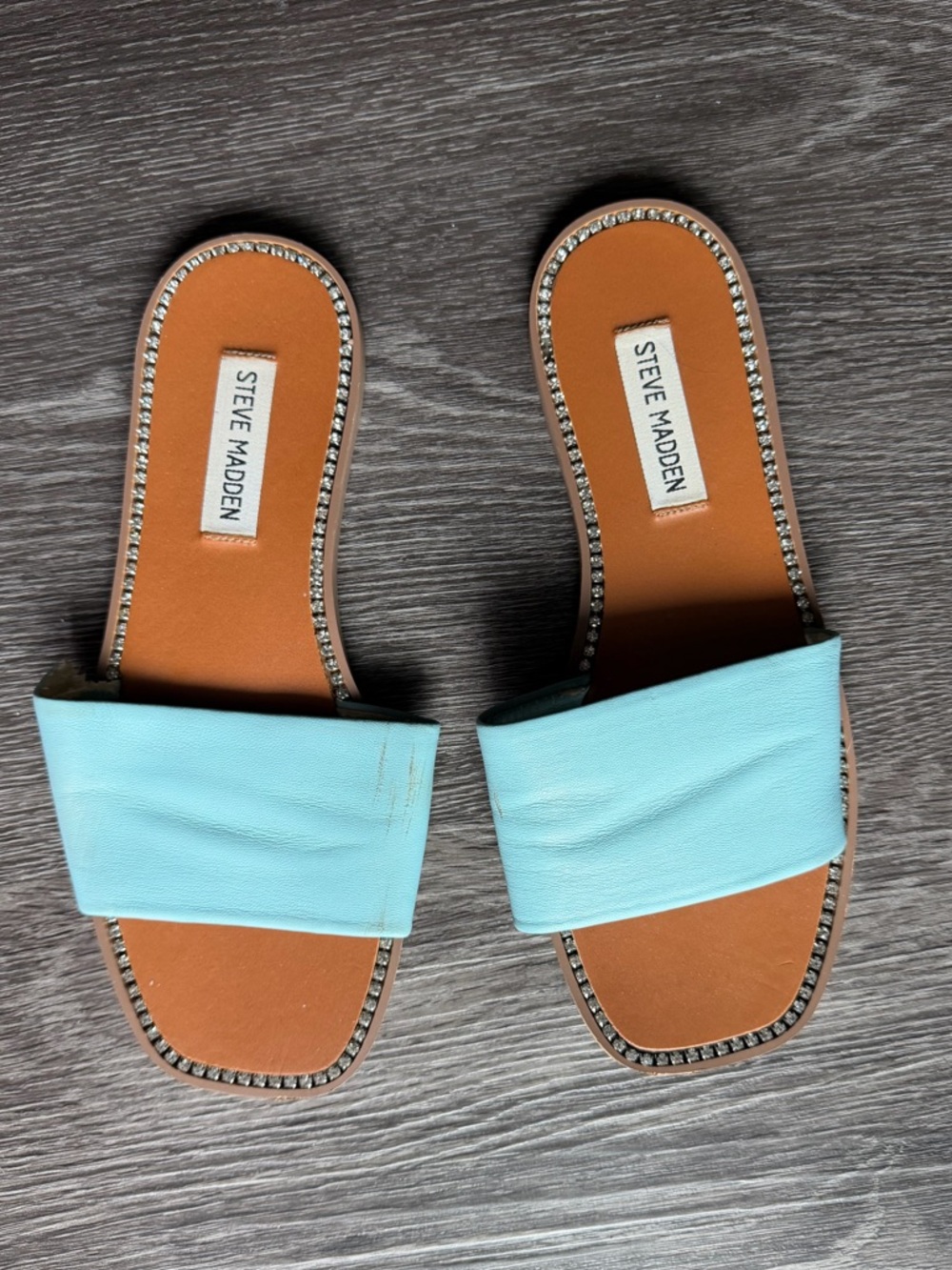 Steve Madden Women’s Aqua Slide Sandals with Rhinestone Trim